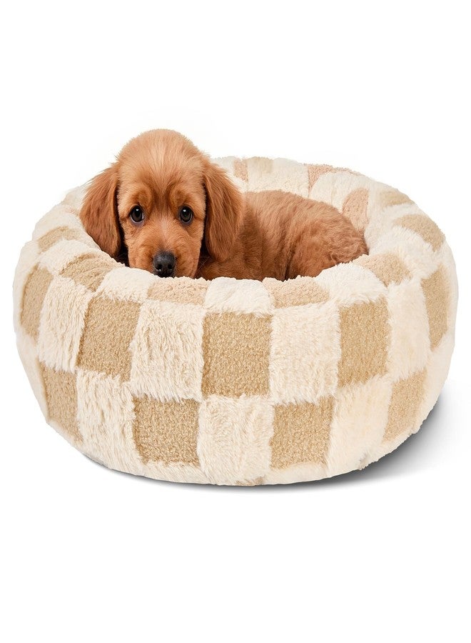 Dog Calming Beds for Small Medium Large Dogs - Round Donut Washable Puppy Dog Bed, Anti-Slip Faux Fur Fluffy Donut Cuddle Anxiety Cat Pet Bed (24" Grid)
